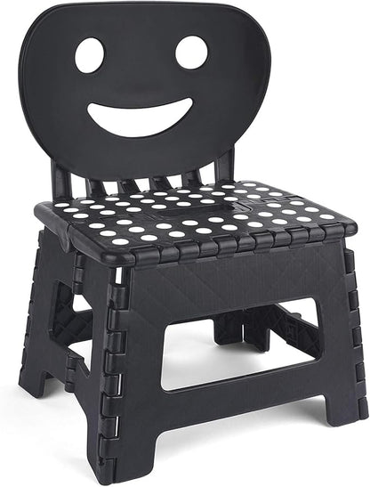ACSTEP Folding Step Stool with Back Support for Kids,9" Kids Step Stool for Outdoor or Indoor Kitchen Step Stools and Bathroom Stool for Toddlers Boys Girls - Black