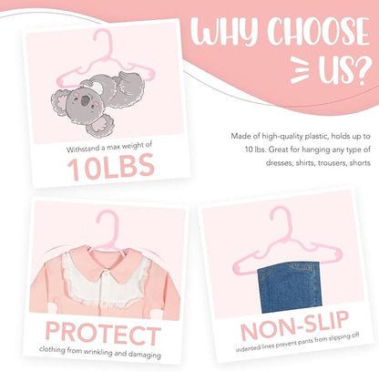 HOUSE DAY Plastic Baby Hangers for Closet 60 Pack, Durable Plastic Kids Hangers for Baby Clothes, Thin & Compact Childrens Hangers, Space Saving Pink Baby Hangers, Small Hangers for Kids Clothes
