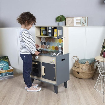Janod - Mozaïc Big Cooker - Play Kitchen for Children - Children's Kitchen with Sound and Light - Wooden Kitchen with 3 Accessories + 3 Food Boxes - from 3 Years - J06609