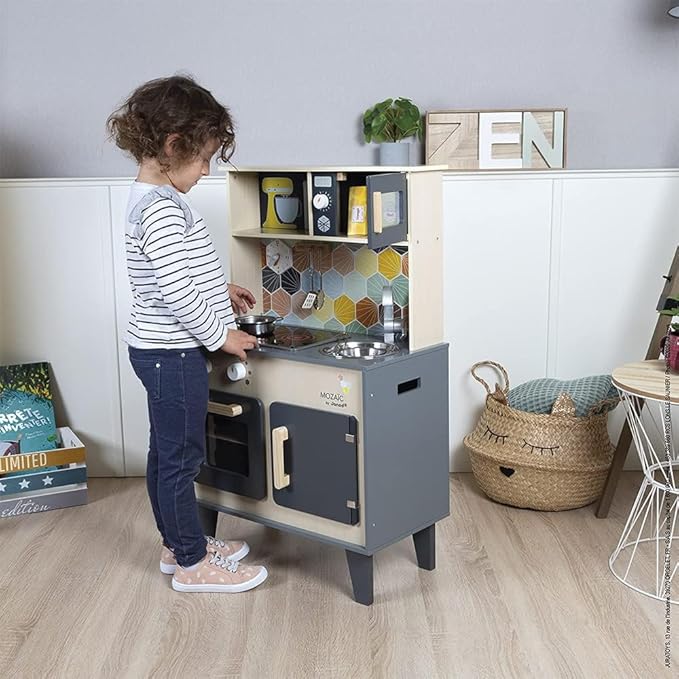 Janod - Mozaïc Big Cooker - Play Kitchen for Children - Children's Kitchen with Sound and Light - Wooden Kitchen with 3 Accessories + 3 Food Boxes - from 3 Years - J06609