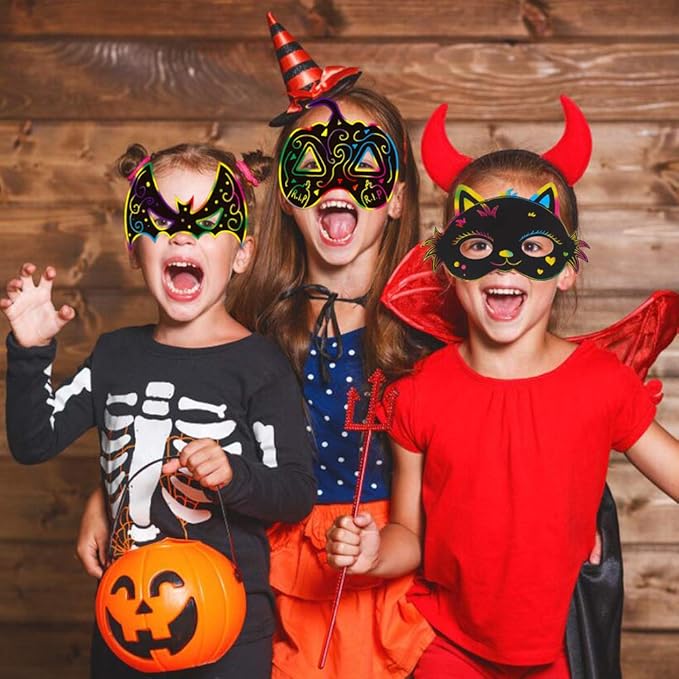 CCINEE 36pcs Halloween Scratch Paper Mask, Magic Scratch Off Art Masks with Elastic Cords and Wood Stylus for Halloween Costume Dress up Party Decorations