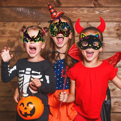 CCINEE 36pcs Halloween Scratch Paper Mask, Magic Scratch Off Art Masks with Elastic Cords and Wood Stylus for Halloween Costume Dress up Party Decorations