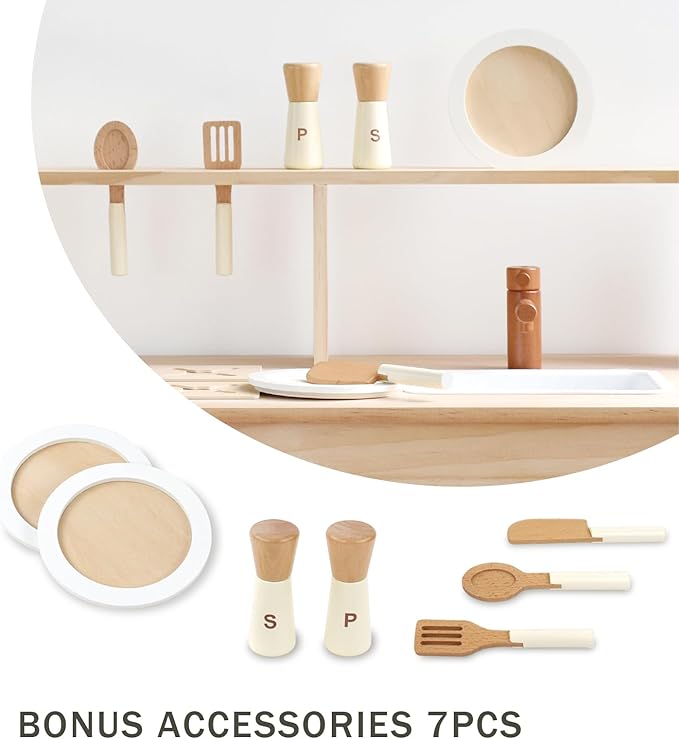 PairPear Kids Kitchen Playset,Wooden Toys Kitchen with Pretend Play Food Dishes and Sink,Toddler Play Kitchen Accessories Gift for Girls Boys Age 3+