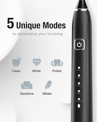 7AM2M Sonic Electric Toothbrush with 6 Brush Heads for Adults&Kids, One Charge for 120 Days, Wireless Fast Charge, 5 Modes, 40000VPM Powered Toothbrush, 2 Minutes Built in Smart Timer (Black)