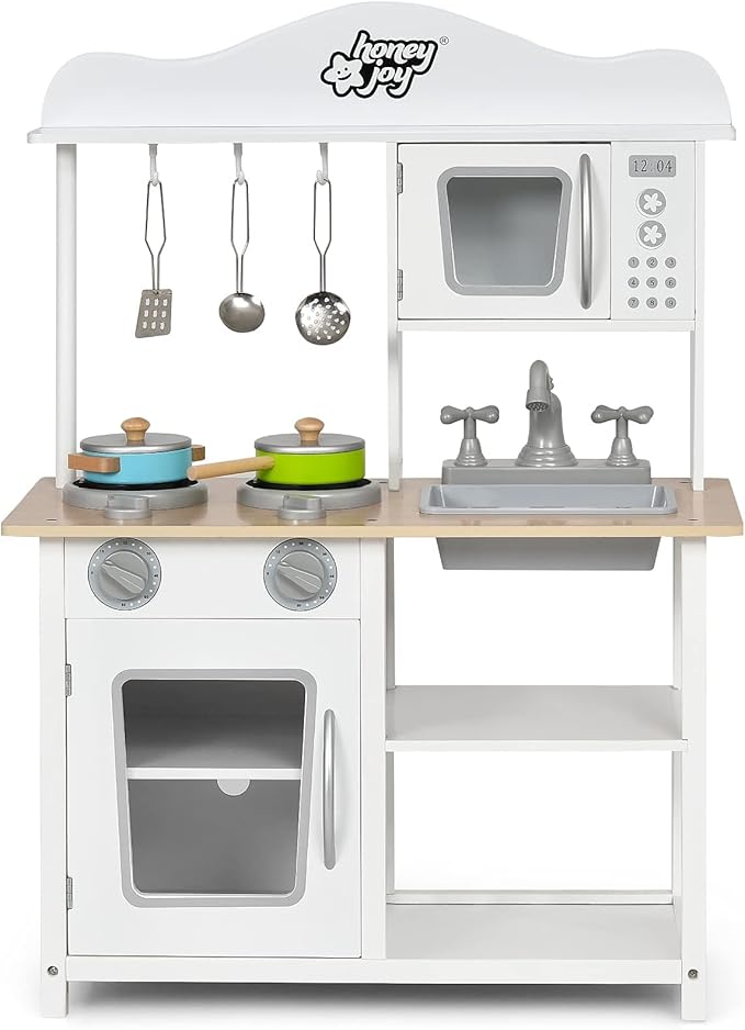 HONEY JOY Kids Wooden Kitchen Playset with Microwave, Sink, Stove & Oven, Cooking Accessories, Storage Shelf, Pretend Play Toy Kitchen Set, Gift for Boys Girls