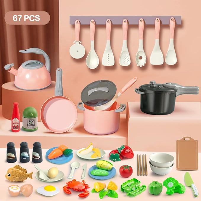 Bruvoalon 67Pcs Kids Play Kitchen Toys Set, Toddlers Pretend Cooking Playset Acccessories with Pots Pans, Utensils Cookware, Foods, Canned Veges, Learning Gift for Kids Girls Boys (Pink)