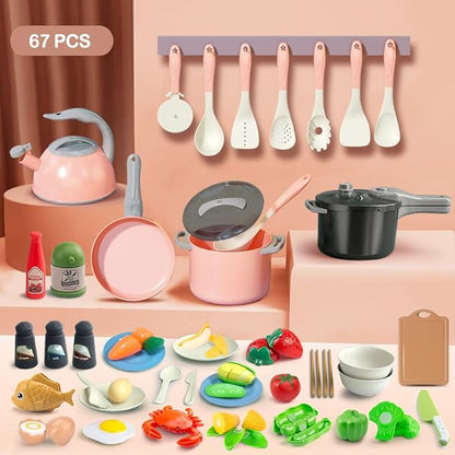 Bruvoalon 67Pcs Kids Play Kitchen Toys Set, Toddlers Pretend Cooking Playset Acccessories with Pots Pans, Utensils Cookware, Foods, Canned Veges, Learning Gift for Kids Girls Boys (Pink)