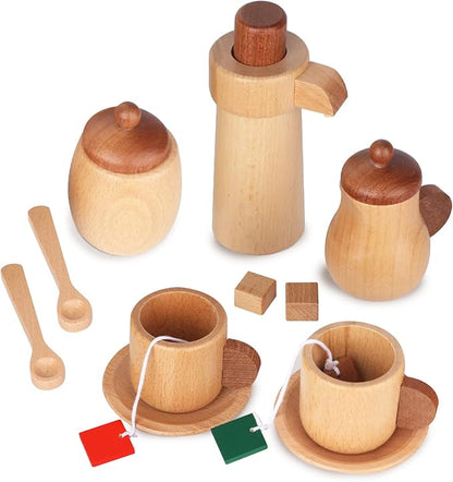 WHOHOLL Wooden Tea Set for Little Girls, Natural Wood Toys Tea Party Set, Kids Tea Set for Toddlers 1-3, Baby Play Tea Cup Set for Pretend Play, Play Kitchen Accessories with Storage Bag