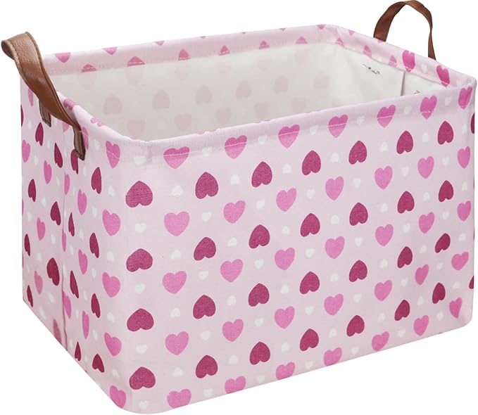 NTAOHAMPER Rectangular Pink Heart Gift Basket Empty,Fabric Storage Basket with Handles,Kids Toys/Books Box,Lovely Storage Bin,Room Decor(Pink Love)