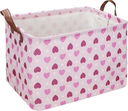 NTAOHAMPER Rectangular Pink Heart Gift Basket Empty,Fabric Storage Basket with Handles,Kids Toys/Books Box,Lovely Storage Bin,Room Decor(Pink Love)