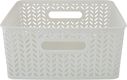 Simplify 2 Pack Medium Herringbone Storage Basket | Dimensions: 14"x11.5"x5.15" | Multipurpose | Home Organization | 2 Open Handles | White