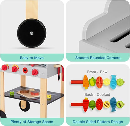 Kids Grill Playset Wooden Barbecue Toy Grill with Play Food Toy and Grilling Tools, Play Kitchen Accessories for Toddlers Age 3+
