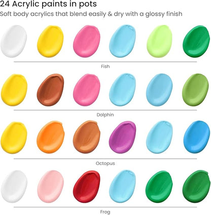 ARTEZA Kids Water Creatures Painting Kit, 4 Canvases 8 x 8 Inches, 24 Acrylic Paints, 4 Paint Brushes, 4 Palettes, Kids Activities Ages 6 and Up