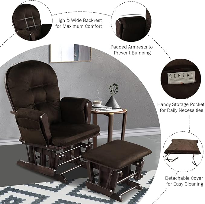 Costzon Glider and Ottoman Set, Wood Glider Rocker for Nursery, Upholstered Comfort Nursing Rocking Chair with Storage Pocket, Padded Armrests & Detachable Cushion, Easy to Assemble (Brown)
