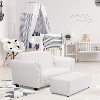 Costzon Kids Couch with Footstool, 2 in 1 Double Seat Children's Sofa w/PU Leather Surface, Armrest Chair Lounge, Soft Kids Sofa for Preschool Bedroom Kids Room Toddlers Boys Girls Birthday (White)