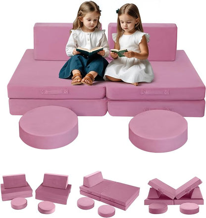 MeMoreCool 8-Piece Modular Kids Play Couch, Pink Convertible Foam Toddler Sofa Play Set for Playroom