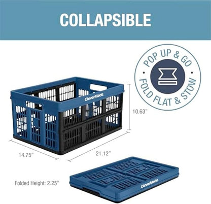 CleverMade Collapsible Utility Crates, Ocean, 3 Pack, 45L/11 Gal, 66 lbs Capacity, Stackable Containers, Heavy Duty, Space-Saving Baskets,Polypropylene (PP)