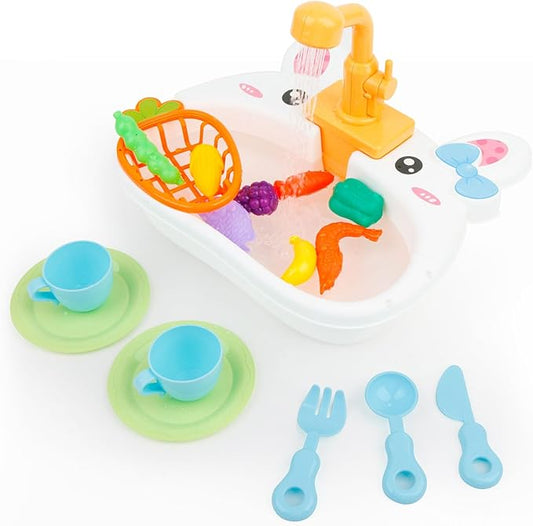 Ruibytree Play Kitchen Sink Toy, Water Toys for Kids with Electronic Dishwasher, Pretend Play Utensils Accessories and Play Cutting Food for Boys and Girls (Rabbit)