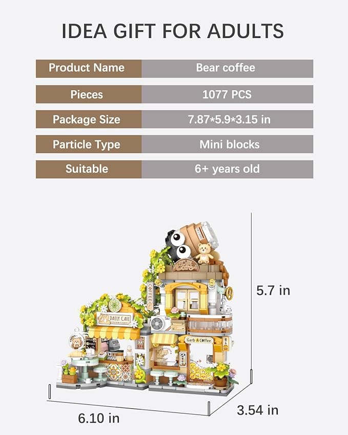 City Street View Bear Coffee Shop Building Blocks Set, MOC Creative Bear Animal Theme House, Simulation Architecture Construction Toy, Gifts Idea for Kids Adults (Mini Blocks 1077 pcs)