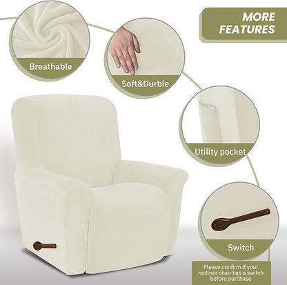 AZON Velvet Stretch Recliner Chair Cover,1-Piece Washable Recliner Couch Cover with Elastic Furniture Protector for Pets, Kids(Recliner, Ivory)