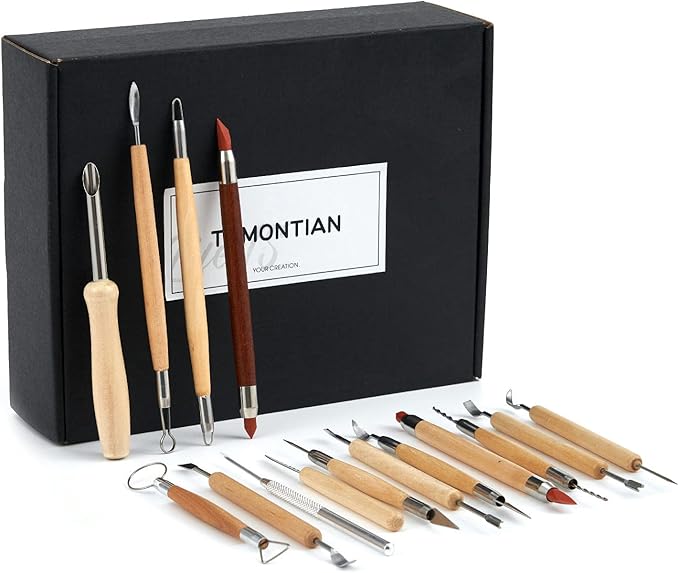 TEMONTIAN Pottery Tool Kit，Clay Sculpting Tools,43 Pcs Double Sided Pottery Wheel Tools for Adults，Pottery Carving Tools，Pottery Kiln Tools at Home，Ceramics Tools Set with Carrying Case Bag and Apron