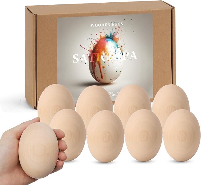 Large Wooden Eggs,3.1x2.3 inches 8 Count Unpainted Wooden Eggs in Carton for Painting, Crafts, and Dyeing, Food Toys for Kitchen Play and Room Decor
