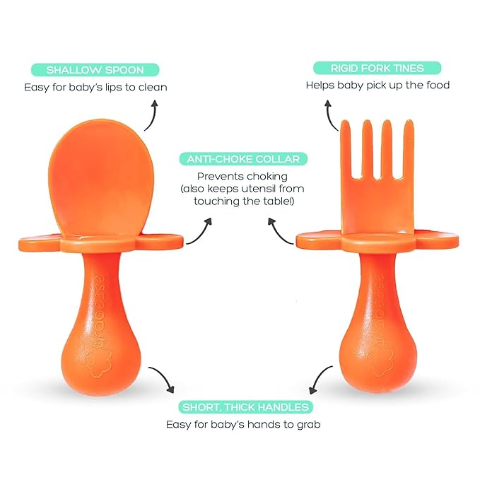 Grabease Baby Fork and Spoon Set for Babies & Toddlers - BPA-Free & Phthalate-Free Self-Feeding Cutlery - Orange Toddler Utensils