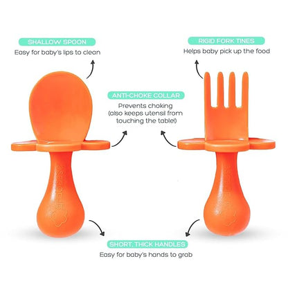 Grabease Baby Fork and Spoon Set for Babies & Toddlers - BPA-Free & Phthalate-Free Self-Feeding Cutlery - Orange Toddler Utensils