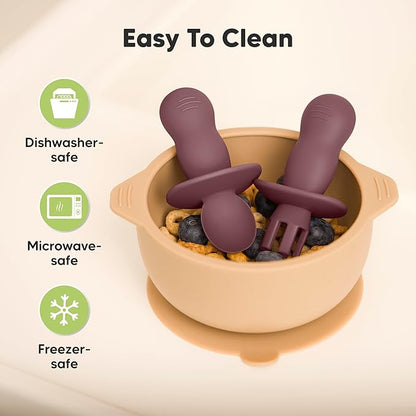 KeaBabies 4-Pack Silicone Baby Spoons and Forks Set - Baby Spoon Self Feeding, BLW Baby Utensils 6-12 Months, Baby Led Weaning Feeding Spoon, Teething Infant Baby First Food Training Pre Spoon (Rocky)