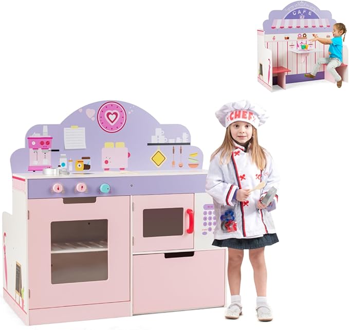 HONEY JOY Pink Kids Kitchen Playset, Double Side Little Chef Play Kitchen for Toddler & Cafe Shop, Cooking Utensil, Microwave, Storage Cabinet, Wooden Pretend Play Toy Kitchen Set, Gift for Boys Girls