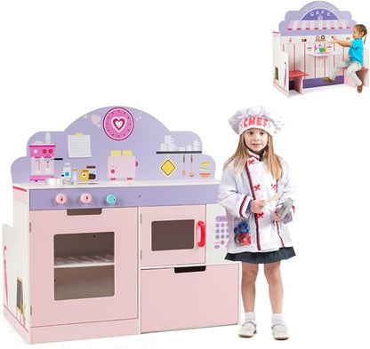 HONEY JOY Pink Kids Kitchen Playset, Double Side Little Chef Play Kitchen for Toddler & Cafe Shop, Cooking Utensil, Microwave, Storage Cabinet, Wooden Pretend Play Toy Kitchen Set, Gift for Boys Girls
