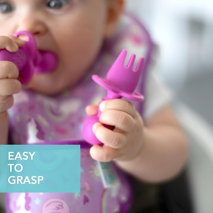 Bumkins Baby Utensils Set, Chewtensils Silicone Spoons for Dipping, Self-Feeding, Baby Led Weaning, Trainer Learning, First Stage Eating, Soft Practice Fork and Spoon, Babies 6 Months, Fuchsia