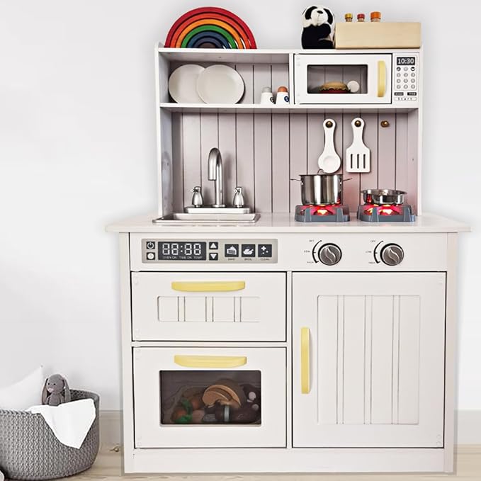 Kids Kitchen Playset,Children Play Kitchen for Toddler,Baby Toy Kitchen Set,Pretend Wooden Kitchen,Birthday Gifts with Play Sink Toy,Lights Sounds, Cooking Set for Kids Ages 3+Boys Girls