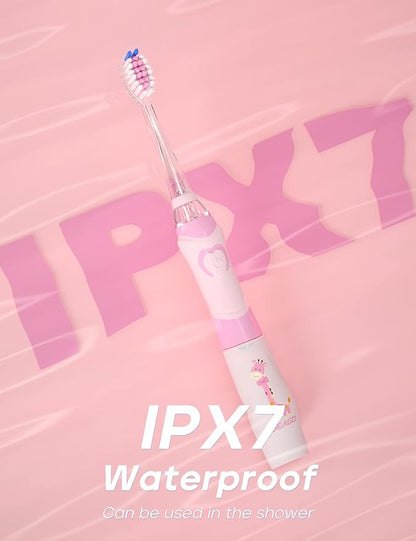 SEAGO Kids Electric Toothbrush with 2 Mins Brushing Timer and 8 Replacement Bursh Heads,Rainbow LED Light Make Brushing Fun, Pink Color Girls Battery Powerd Toothbrush for 4-12 Years Old