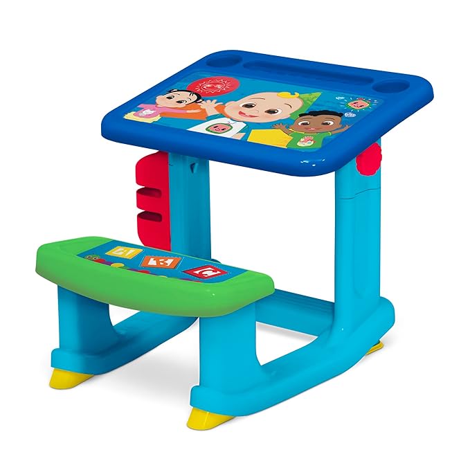 CoComelon Draw and Play Desk by Delta Children – Includes 10 Markers and Coloring Book, Blue