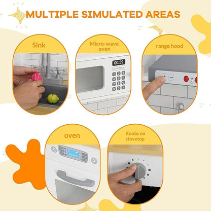 Modern Play Kitchen for Kids,33.4''Toddler Play Kitchen with Toy Storage System,Wooden Kids Play Kitchen Set with Play Features,Kids Pretend Play Kitchen with Cookware Accessories for Ages 3+(White)