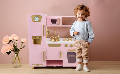 Kitchen Playset for Kids Ages 3-8, Wooden Pretend Play Kitchen for Toddlers, Including Telephone, Ice Maker, Refrigerator, Dimensions: 35” H x 31” W x 12” D (Pink)