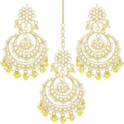 Aheli Bollywood Ethnic Chandbali Style Big Earrings Maang Tikka Set Traditional Fashion Jewelry Gift for Women
