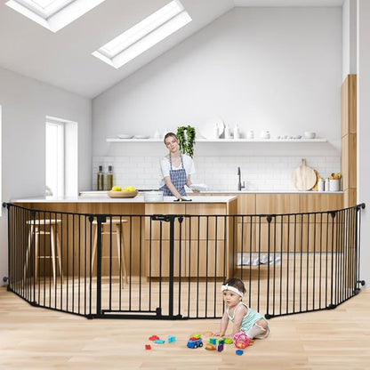 COMOMY 150" Extra Wide Baby Gate with Door, Dog Gates for The House Doorways Fireplace, Auto Close Baby Fence Play Area, Walk Through Pet Gate, Hardware Mounted Baby Gate, 6-Panels (30" Tall, Black)