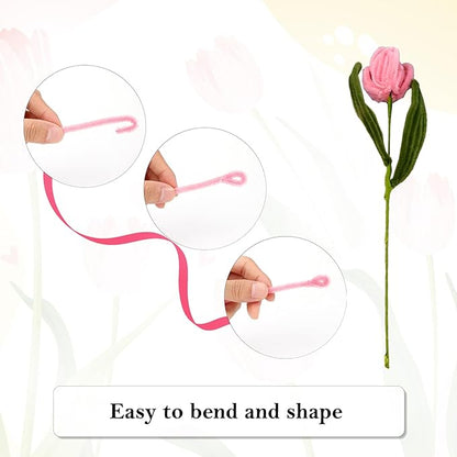 iCraftine 200 Pieces Pipe Cleaners Craft Supplies DIY Chenille Stems Tulip Bouquet Kit with Step-by-Step Video Tutorials for Wedding Gift, Holiday Decoration
