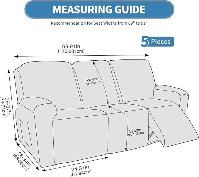 JIVINER 5 Pieces Recliner Sofa Covers Stretch Recliner Sofa Slipcover with Elastic Bottom Jacquard Fitted Reclining 3 Cushion Couch Cover Furniture Protector with Pockets (3 Seater, Brown)