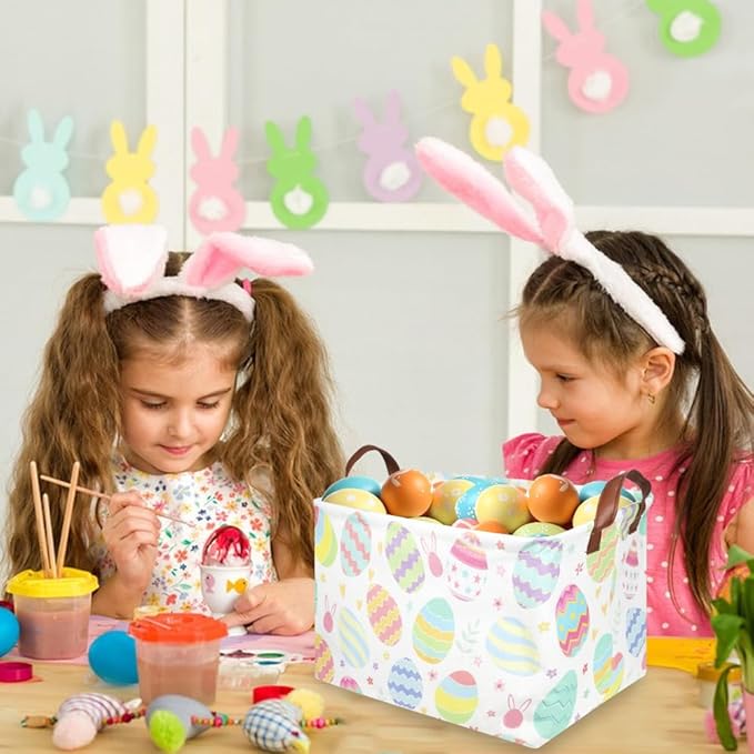 FXOLCSHE Rectangular Easter basket,Dirty laundry basket with handles,Toy storage bin,Laundry basket for girls,Girls Room Decor,Gift Basket(Flower egg)