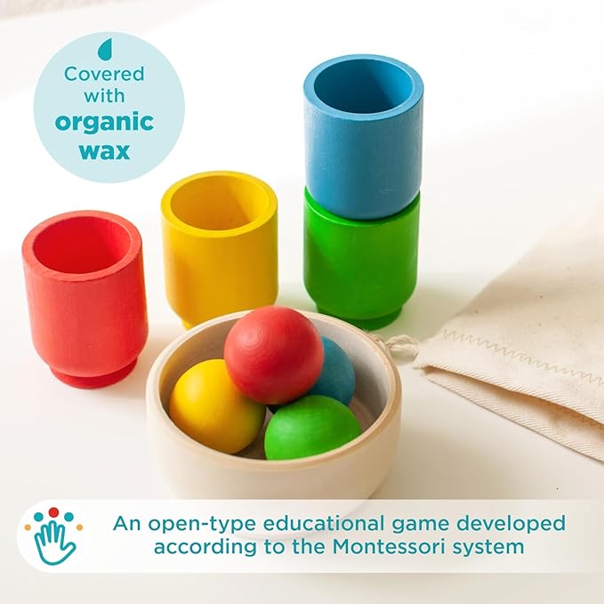 Ulanik Balls in Cups Starter Kit Toddler Montessori Toys for 1+ Year Old Kids Wooden Matching Game for Learning Color Sorting and Counting — 4 Balls, 1.18 in