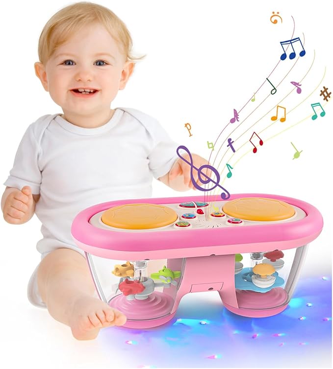 Baby Toys for 6 to 12 Months: 7 Models Pink Rotating Light Up Drum Musical Instruments for 12-18 Months Kids, Tummy Time Toys for Baby 0-3-6-9 Months, Walker for Boy Girl Gifts