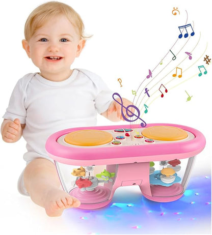 Baby Toys for 6 to 12 Months: 7 Models Pink Rotating Light Up Drum Musical Instruments for 12-18 Months Kids, Tummy Time Toys for Baby 0-3-6-9 Months, Walker for Boy Girl Gifts