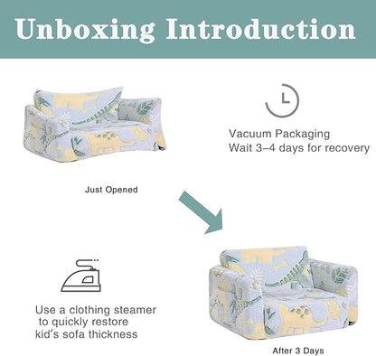 Tiita Kids Sofa, 2-in-1 Kids Sofa Chair, Convertible Children Couch to Lounger, Flip Out Kids Sofa Chair, Glow in The Dark Toddler Armrest Chair Bed for Girl or Boy (Grey Dinosaur)