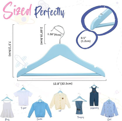 FairyHaus Kids Wooden Hangers 20Pack Blue, 12.8 Inch Baby Wooden Hangers for Closet, Anti-Rust 360° Swivel Hook, Notches & Smooth Finish, Natural Solid Wood Childrens Hangers for Clothes