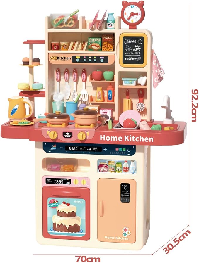 deAO My Happy Little Chef Kitchen 80 Pieces Pretend Play Set with Multi-Functional Button Panel, Light, Sound, Real Steam Functions and Colour Changing Accessories Included(Pink)