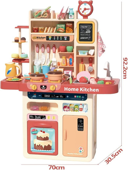 deAO My Happy Little Chef Kitchen 80 Pieces Pretend Play Set with Multi-Functional Button Panel, Light, Sound, Real Steam Functions and Colour Changing Accessories Included(Pink)