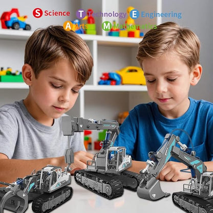 STEM Building Block Assembly Toy Set for Kids 8-12 Years - 3-in-1 Hydraulically Powered Construction Toy Including Excavator, Crane, and Timber Loader